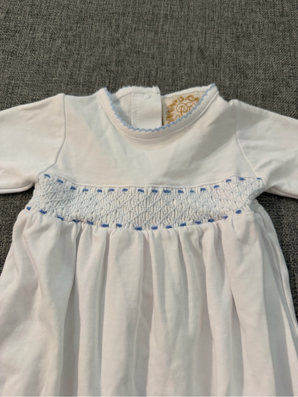 The Beaufort Bonnet Company White 0-3m Sleep Sack Light Blue Smocking and trim